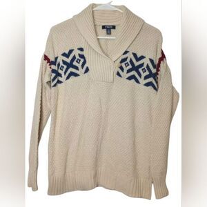 Chaps Sweater Women Size L Fair Isle Shawl Collar Cozy Boho Grandpa Chunky